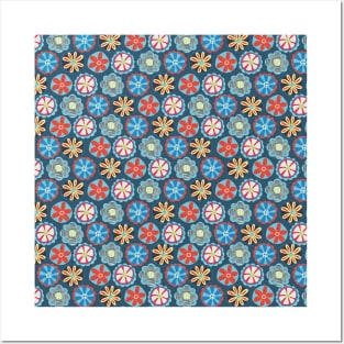 Scandinavian Doodle Flowers Red and Blue Posters and Art